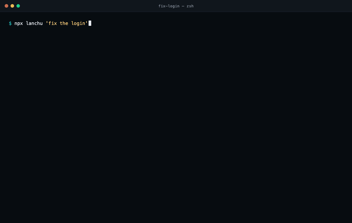 Running 'npx lanchu' starts a short guided wizard that sets up the org, agent and role and connects Claude; then the panel walks through its Overview, Team, Work, Activity and Org life views — a live, local dashboard of every agent, role and task.